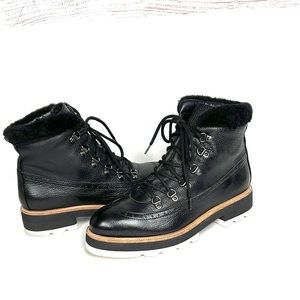 VALENTINA Italy Black  Leather Lace Up Ankle Boots Faux Fur Trim size 8